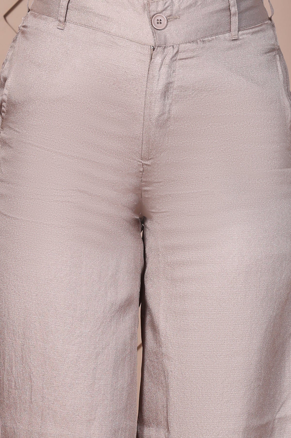 Beige Solid High Rise Ankle Length Wide Leg Trouser