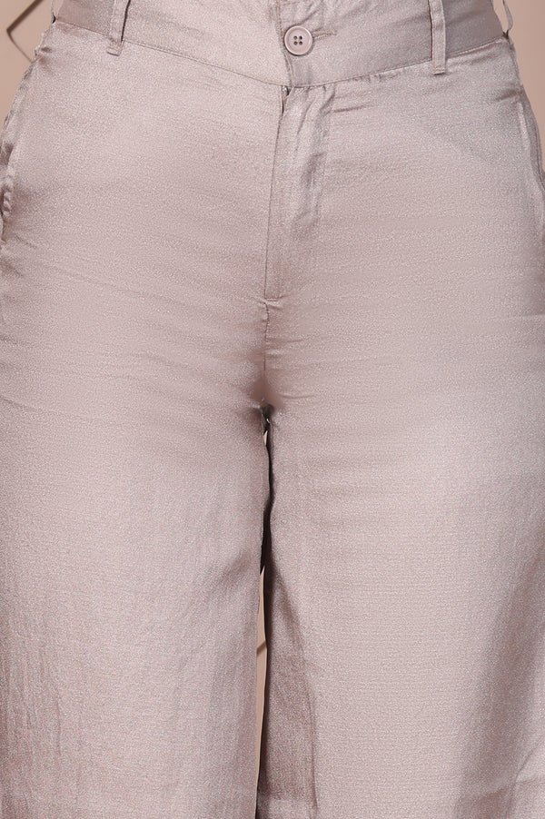 Beige Solid High Rise Ankle Length Wide Leg Trouser