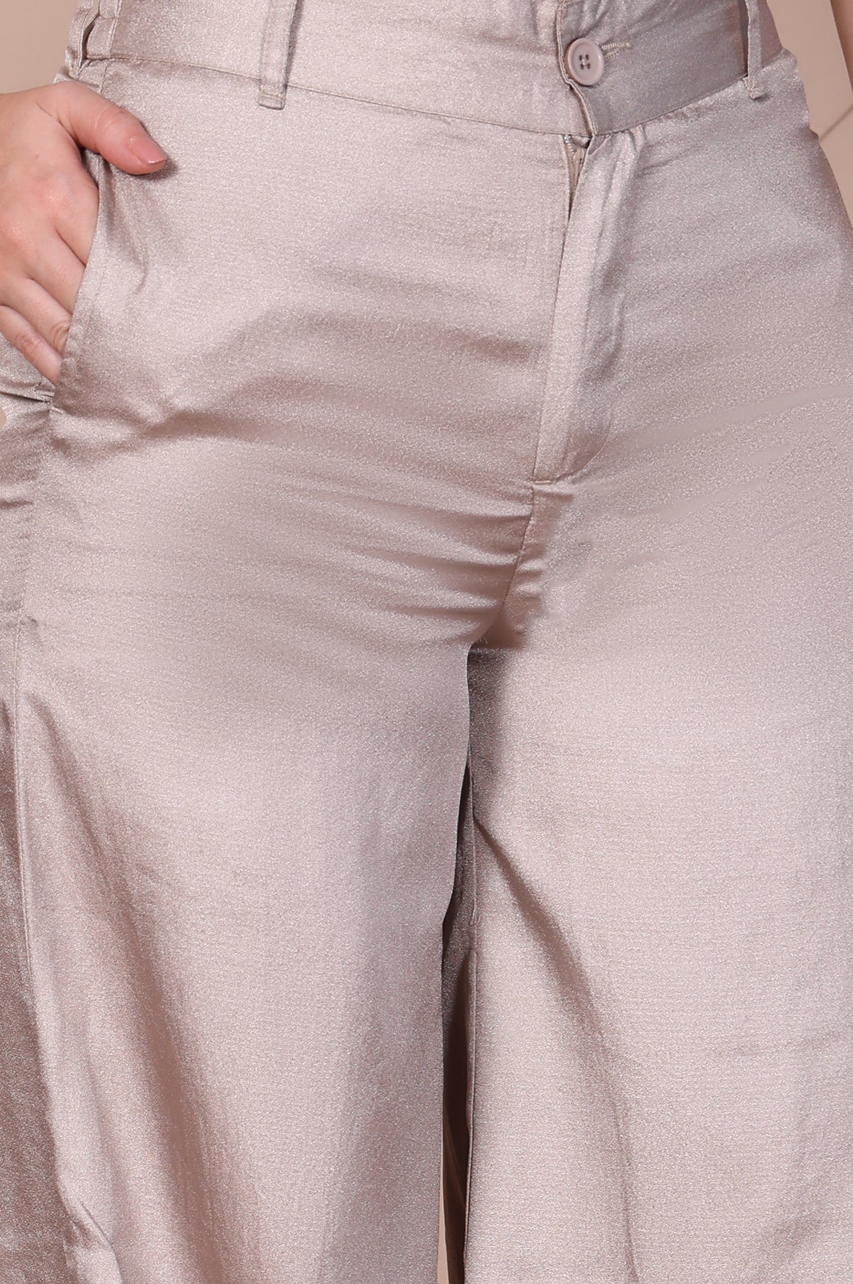 Beige Solid High Rise Ankle Length Wide Leg Trouser