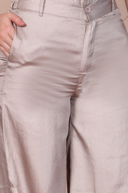 Beige Solid High Rise Ankle Length Wide Leg Trouser