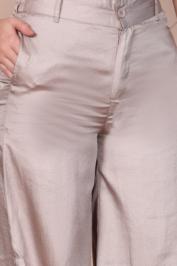 Beige Solid High Rise Ankle Length Wide Leg Trouser