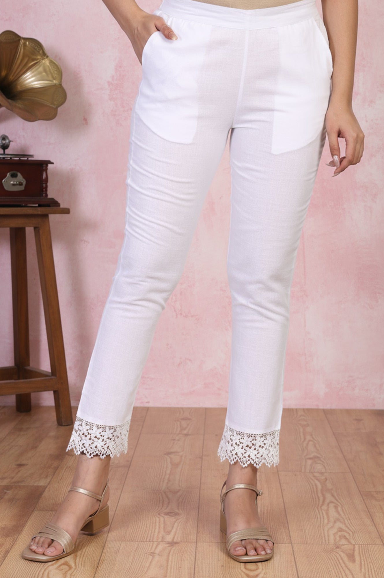 White Lace Trim Slim-Fit Cotton Pant