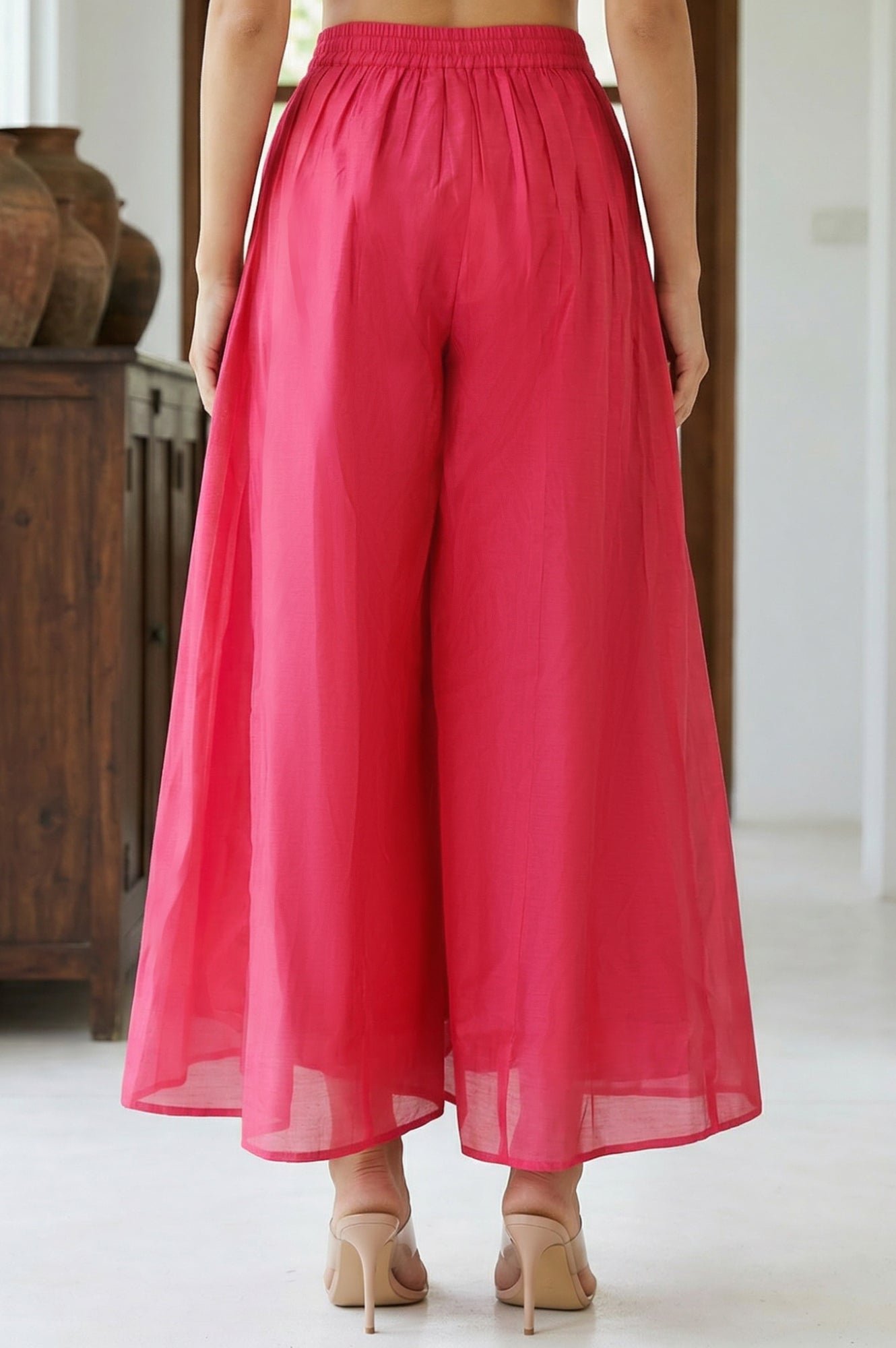 Fuchsia Solid Chanderi Wide Leg Flared Ankle Length Culottes