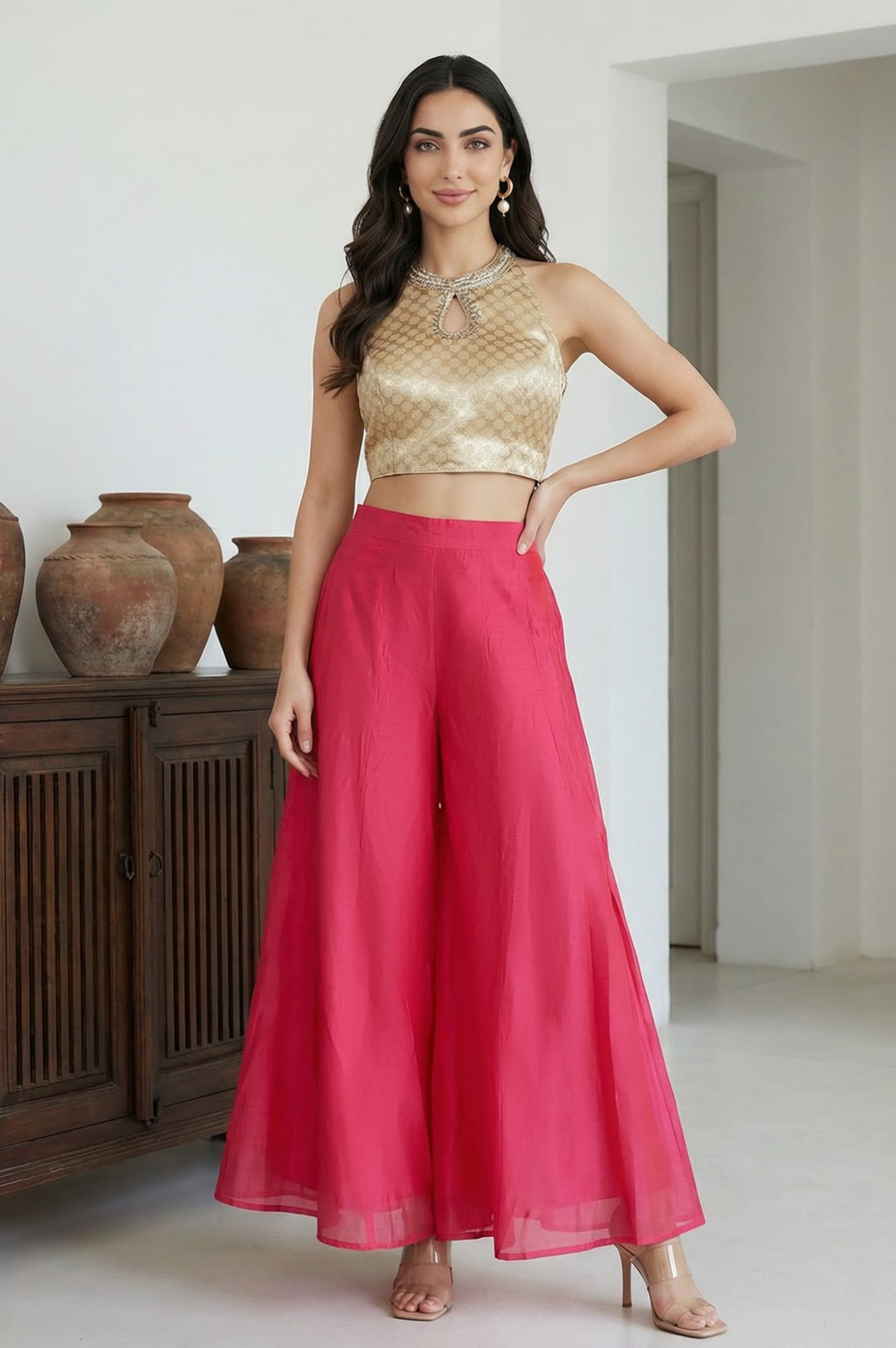 Fuchsia Solid Chanderi Wide Leg Flared Ankle Length Culottes