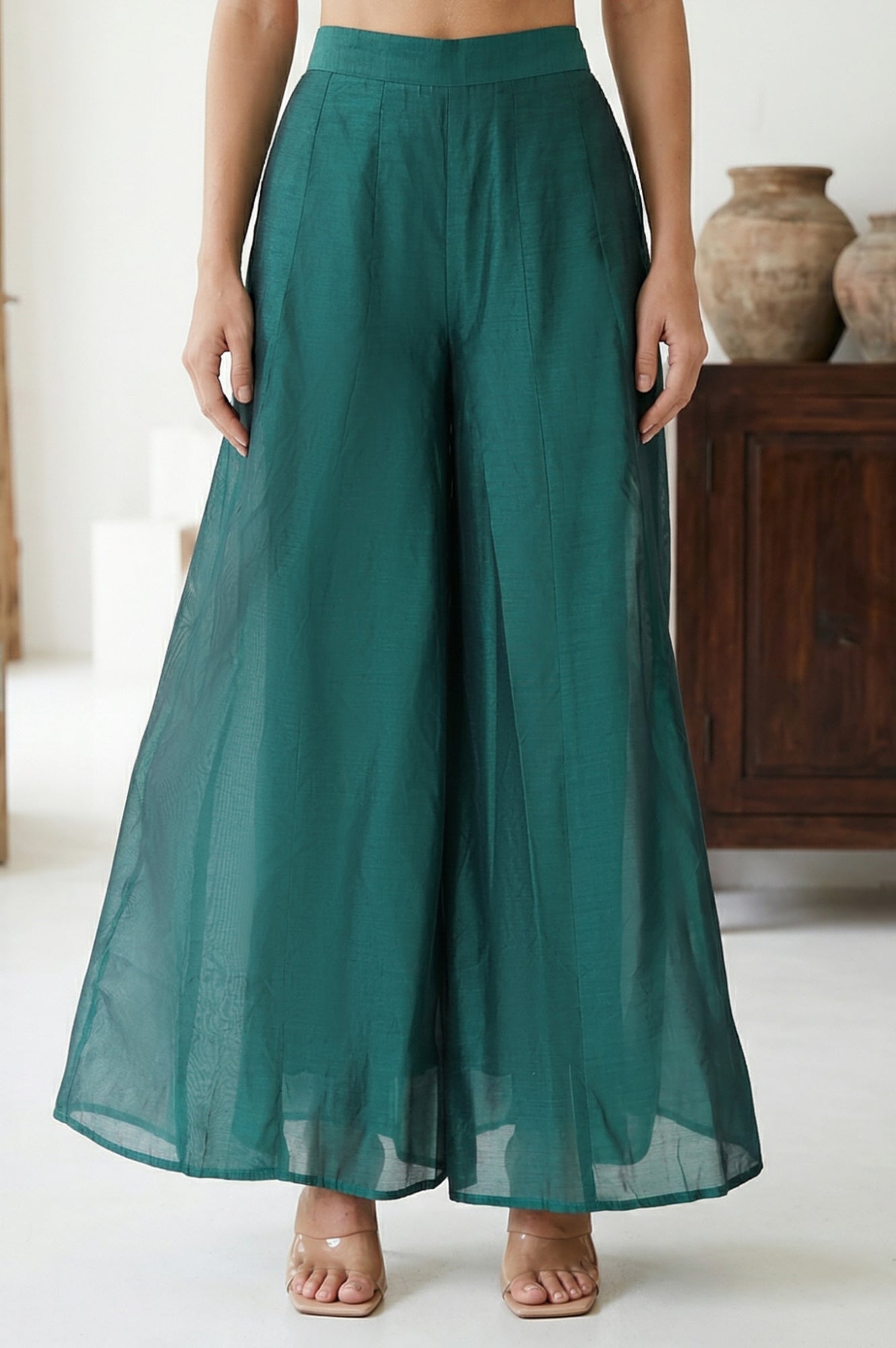 Green Solid Chanderi Wide Leg Flared Ankle Length Culottes