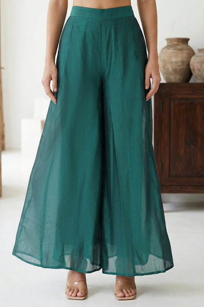 Green Solid Chanderi Wide Leg Flared Ankle Length Culottes