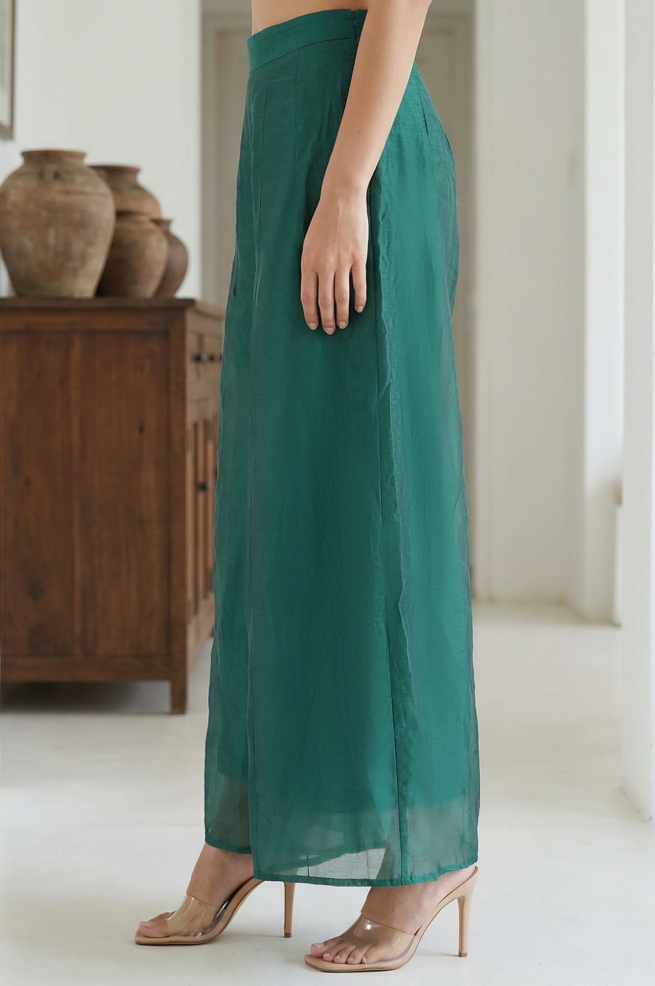 Green Solid Chanderi Wide Leg Flared Ankle Length Culottes