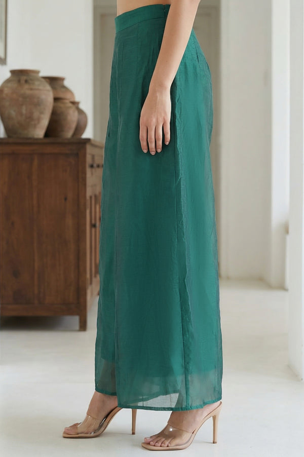 Green Solid Chanderi Wide Leg Flared Ankle Length Culottes