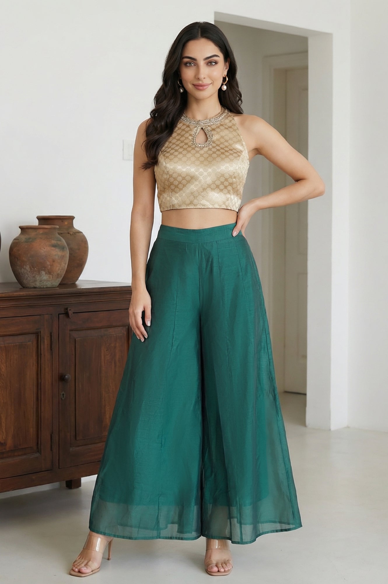 Green Solid Chanderi Wide Leg Flared Ankle Length Culottes
