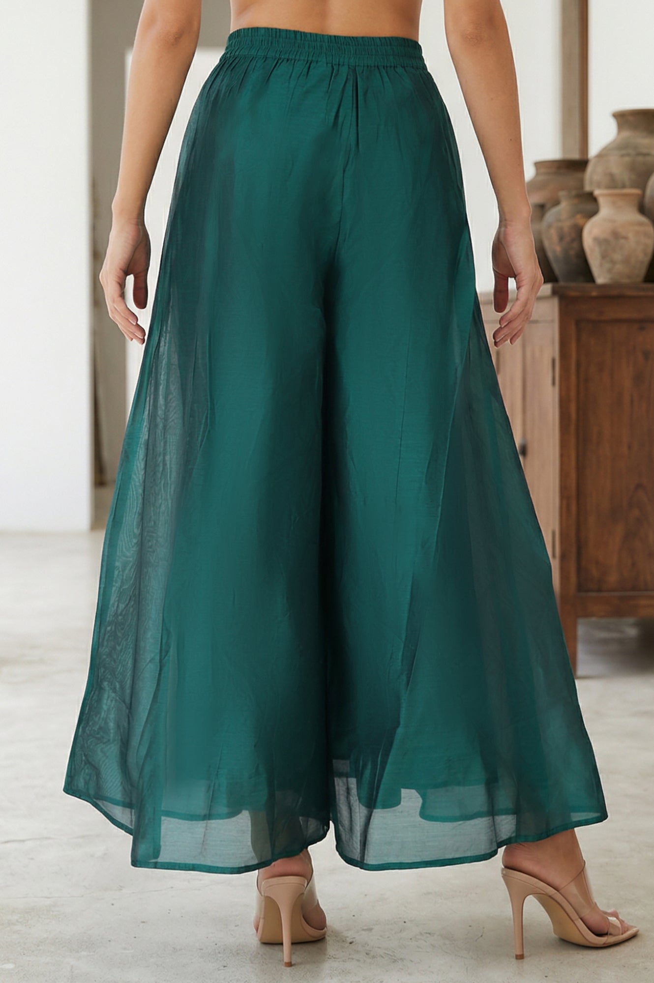 Green Solid Chanderi Wide Leg Flared Ankle Length Culottes