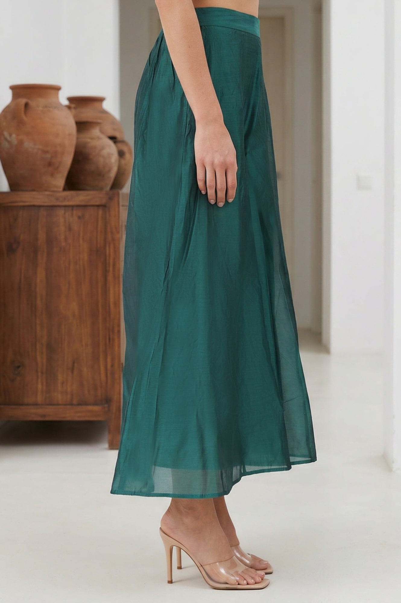 Green Solid Chanderi Wide Leg Flared Ankle Length Culottes