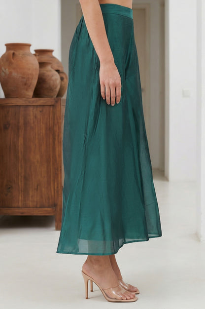 Green Solid Chanderi Wide Leg Flared Ankle Length Culottes