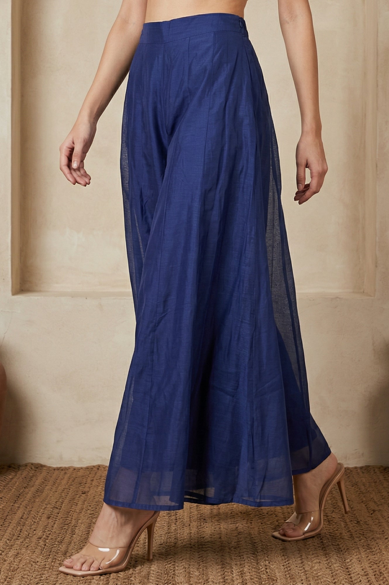 Navy Blue Solid Chanderi Flared Ankle Length Cullotes