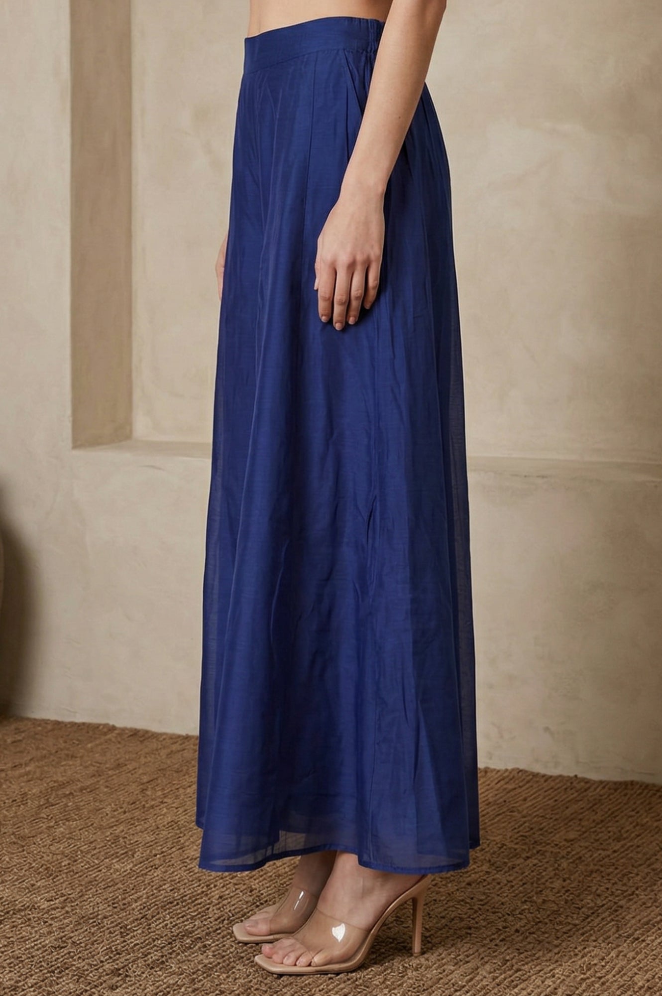 Navy Blue Solid Chanderi Flared Ankle Length Cullotes