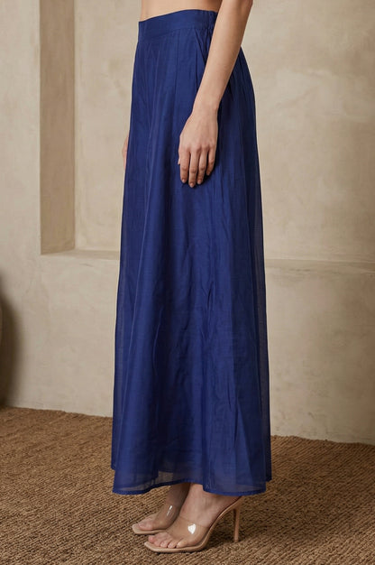 Navy Blue Solid Chanderi Flared Ankle Length Cullotes
