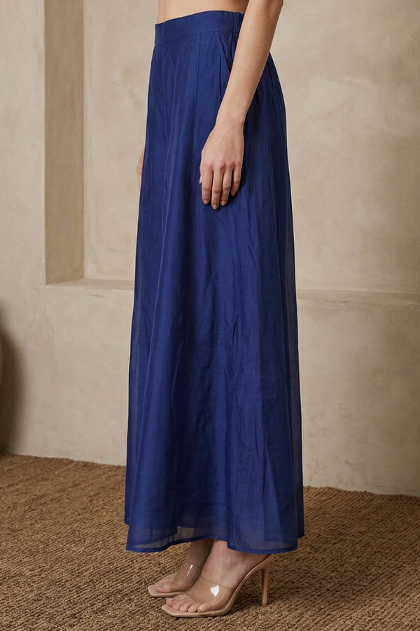 Navy Blue Solid Chanderi Flared Ankle Length Cullotes