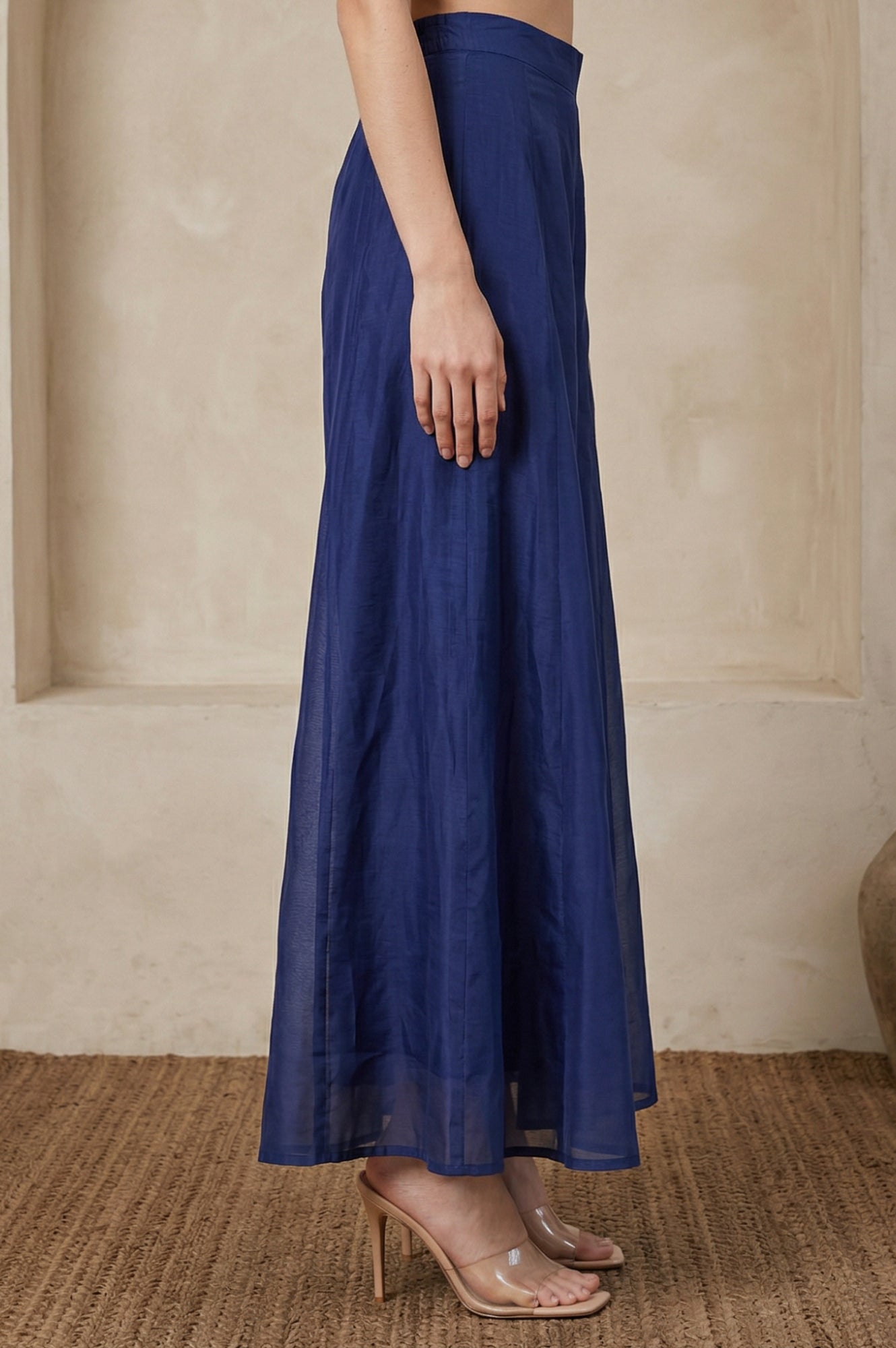 Navy Blue Solid Chanderi Flared Ankle Length Cullotes