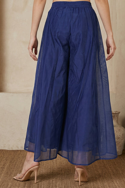 Navy Blue Solid Chanderi Flared Ankle Length Cullotes