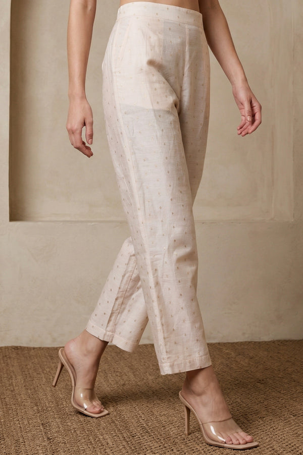 Cream Solid Chanderi Ankle Length Straight Pants