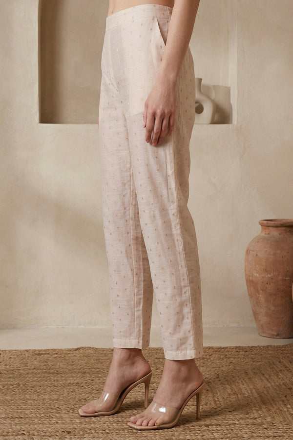 Cream Solid Chanderi Ankle Length Straight Pants