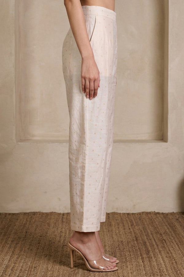 Cream Solid Chanderi Ankle Length Straight Pants