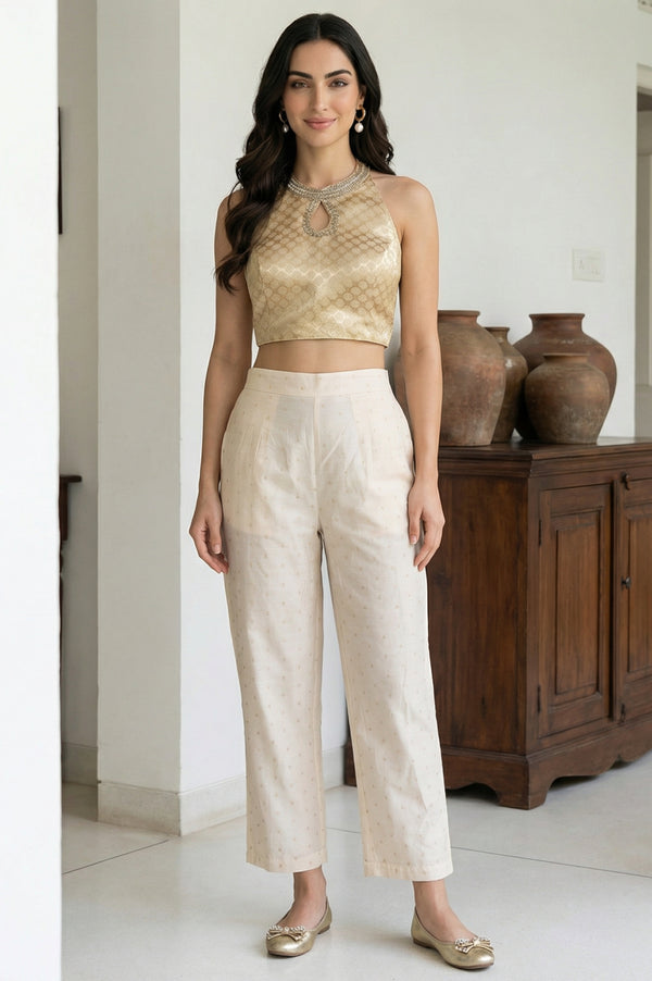 Cream Solid Chanderi Ankle Length Straight Pants