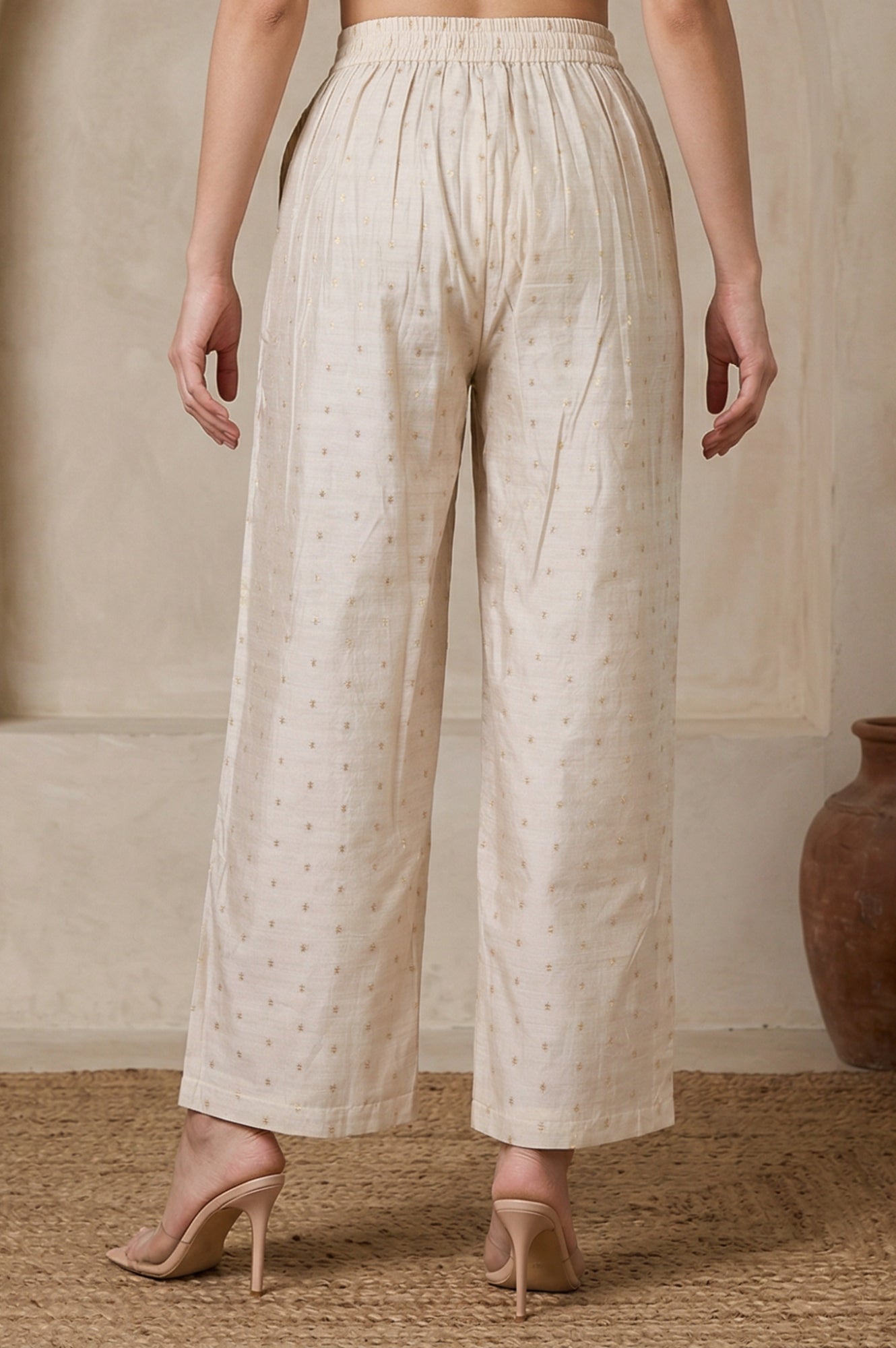 Cream Solid Chanderi Ankle Length Straight Pants