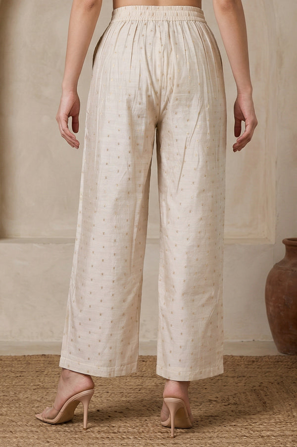 Cream Solid Chanderi Ankle Length Straight Pants