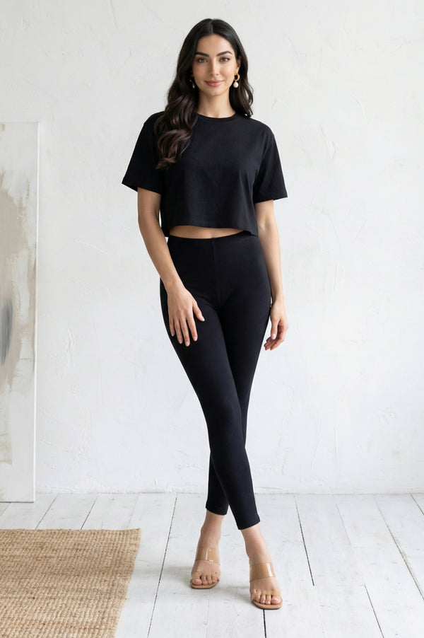 Black Solid Cotton Lyrca Skinny Fit Ankle Length Leggings