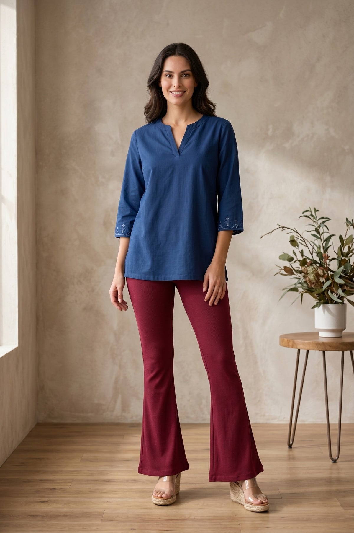 Maroon Pure Cotton Slim Fit Bell-Bottom Leggings