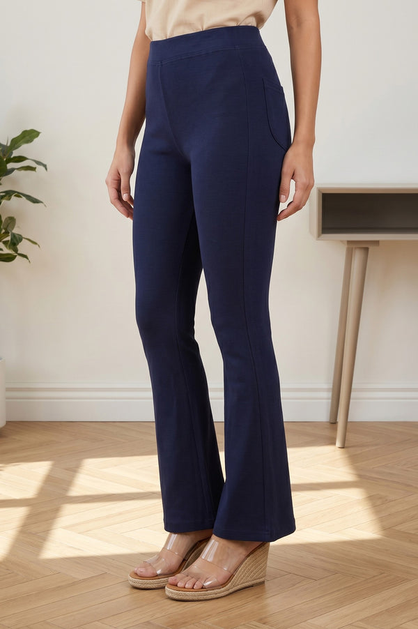 Navy Blue Pure Cotton Slim Fit Bell-Bottom Leggings