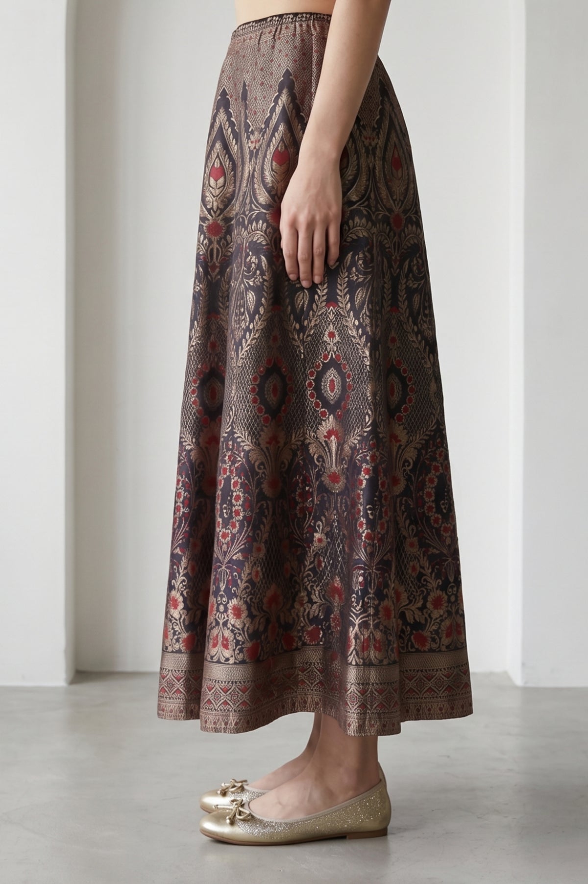 Black Jacquard Zari Flared Skirt