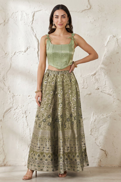Olive Yarn Dyed Jacquard Flared Long Skirt