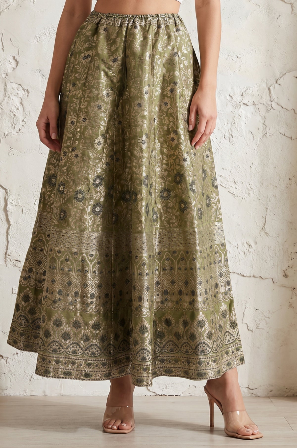 Olive Yarn Dyed Jacquard Flared Long Skirt