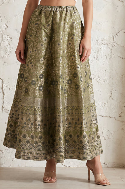 Olive Yarn Dyed Jacquard Flared Long Skirt