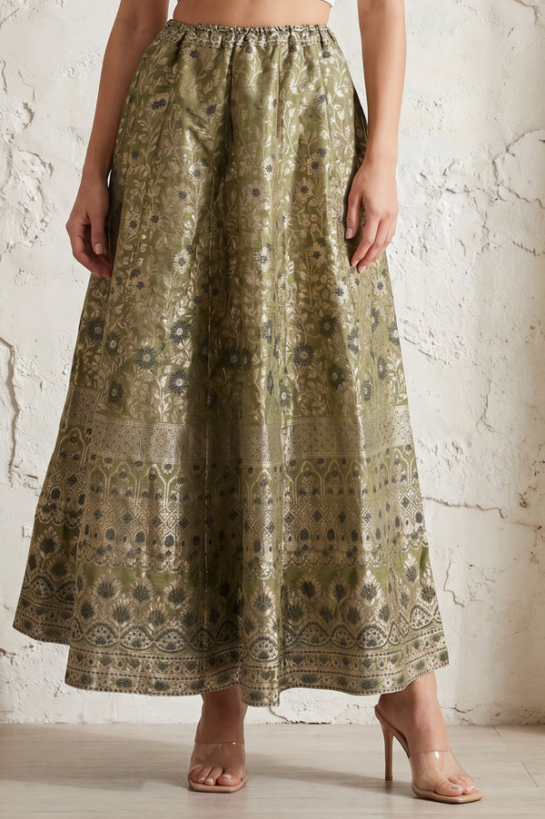 Olive Yarn Dyed Jacquard Flared Long Skirt