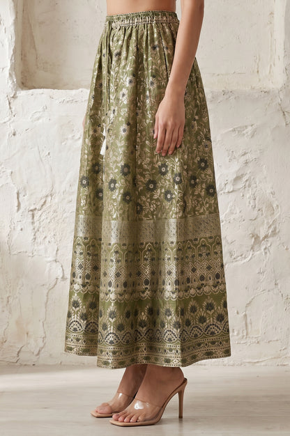 Olive Yarn Dyed Jacquard Flared Long Skirt