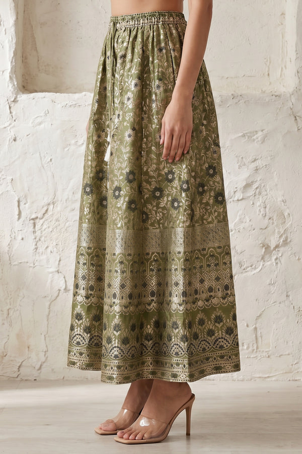 Olive Yarn Dyed Jacquard Flared Long Skirt