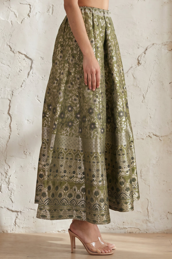 Olive Yarn Dyed Jacquard Flared Long Skirt