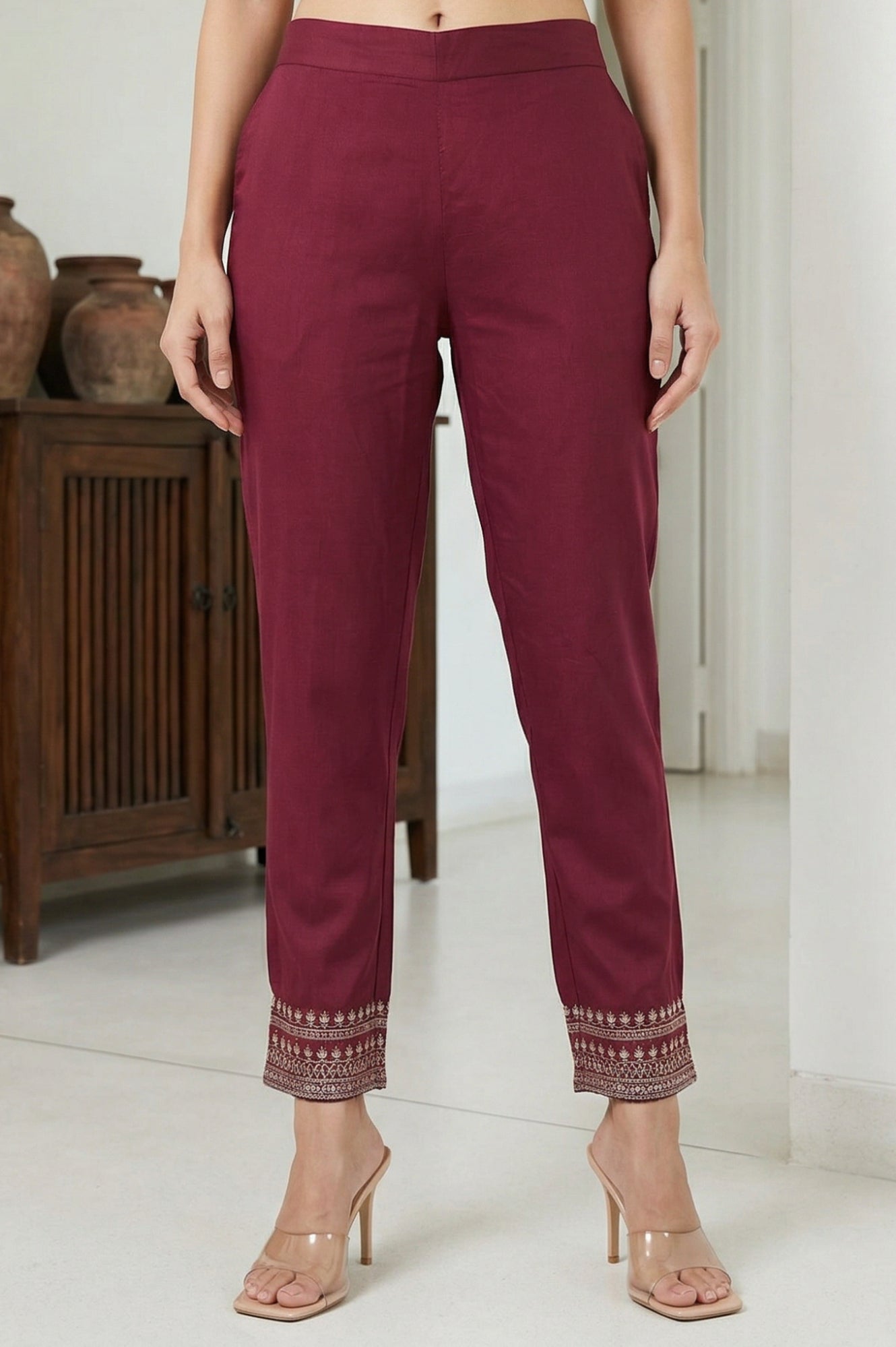 Burgundy Ethnic Motifs Foil Printed Ankle Length Tapered Trousers