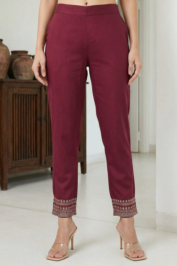 Burgundy Ethnic Motifs Foil Printed Ankle Length Tapered Trousers