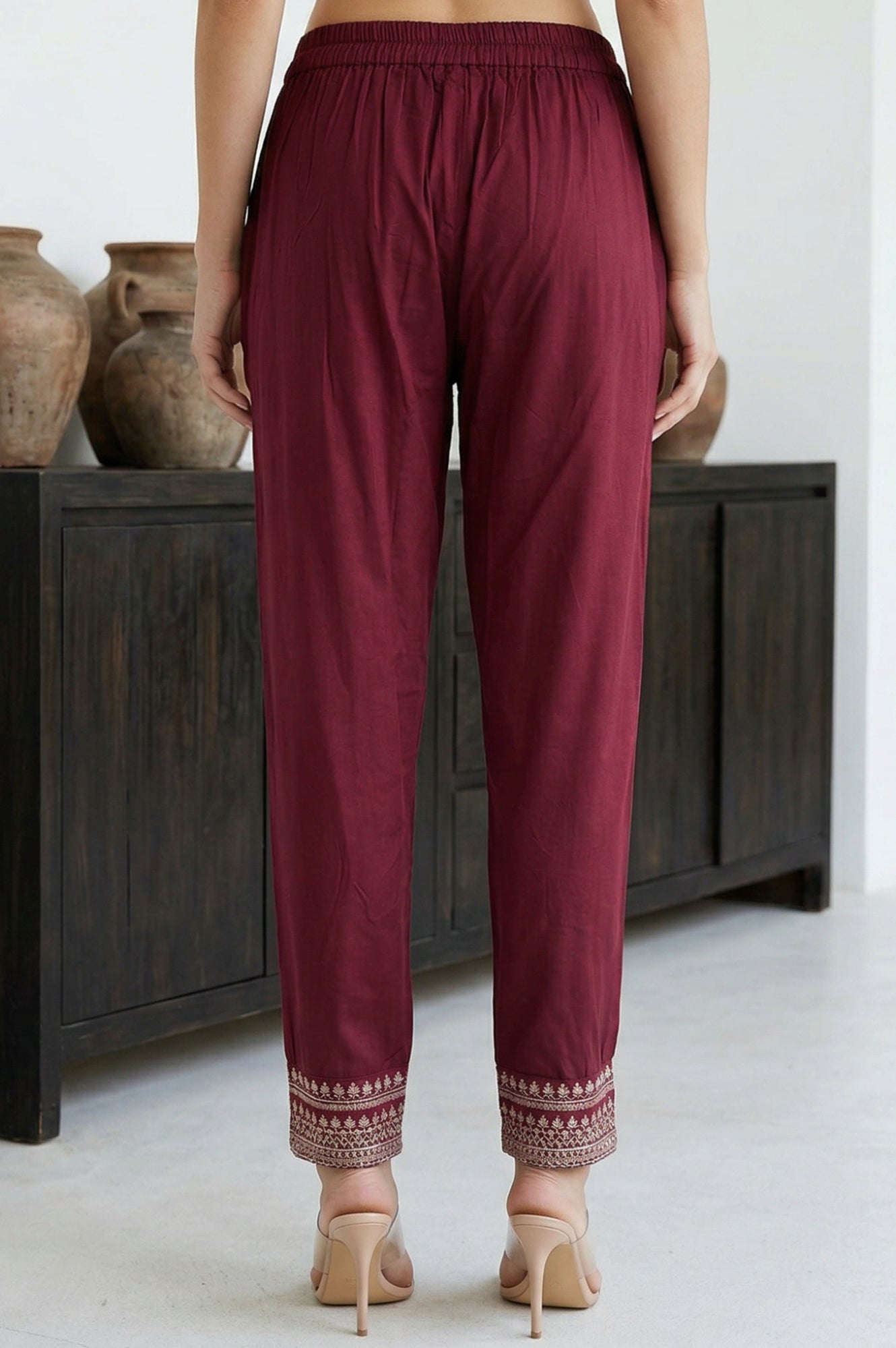 Burgundy Ethnic Motifs Foil Printed Ankle Length Tapered Trousers