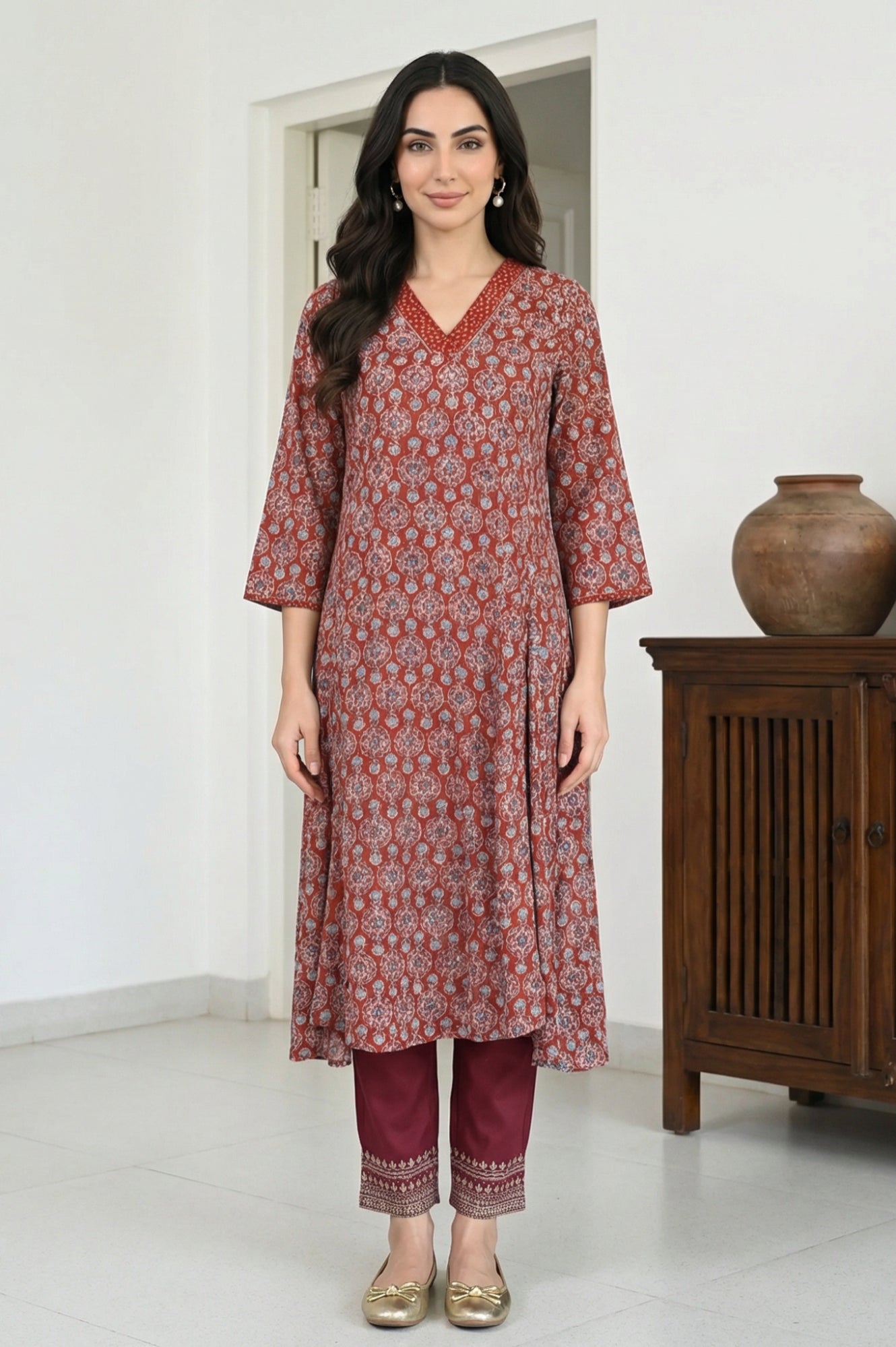 Burgundy Ethnic Motifs Foil Printed Ankle Length Tapered Trousers