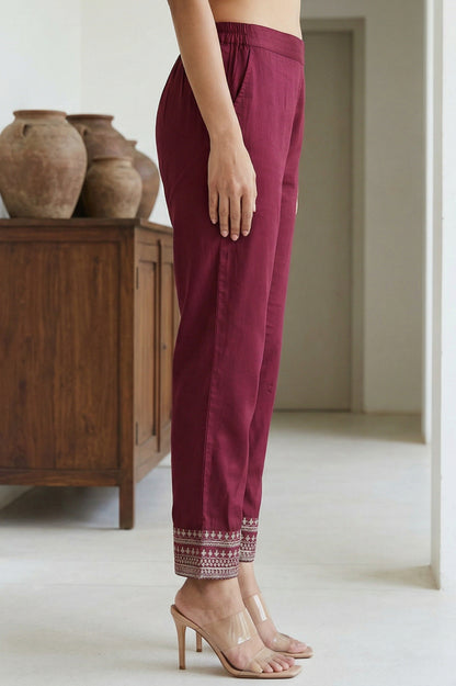 Burgundy Ethnic Motifs Foil Printed Ankle Length Tapered Trousers