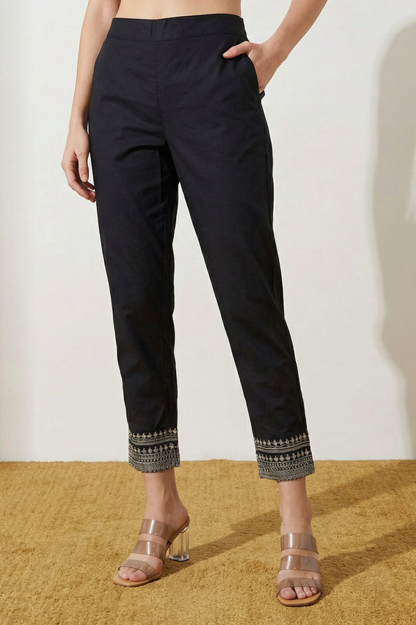 Black Straight Fit Ankle Length Trousers with Embellished Hemline