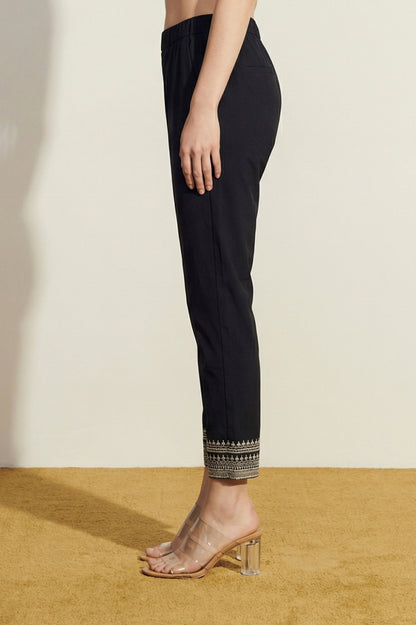 Black Straight Fit Ankle Length Trousers with Embellished Hemline
