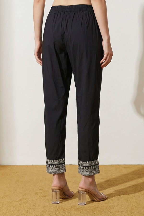Black Straight Fit Ankle Length Trousers with Embellished Hemline