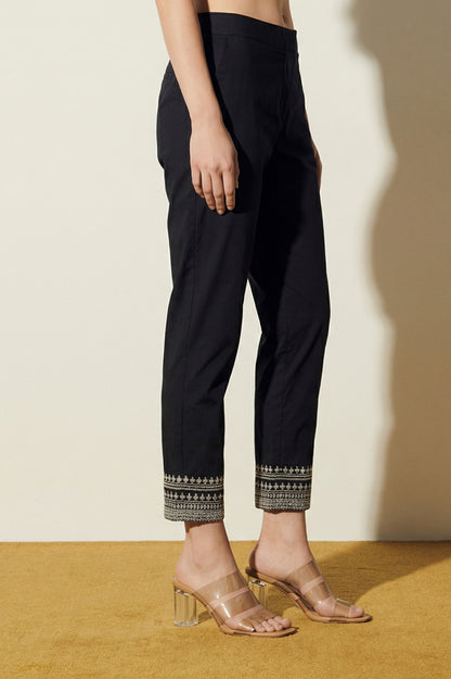 Black Straight Fit Ankle Length Trousers with Embellished Hemline