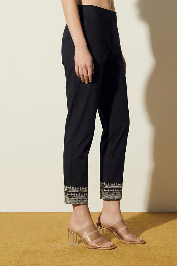 Black Straight Fit Ankle Length Trousers with Embellished Hemline