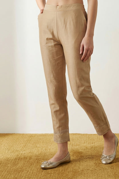 Gold Embroidered Straight Fit Ankle Length Mid Rise Trousers